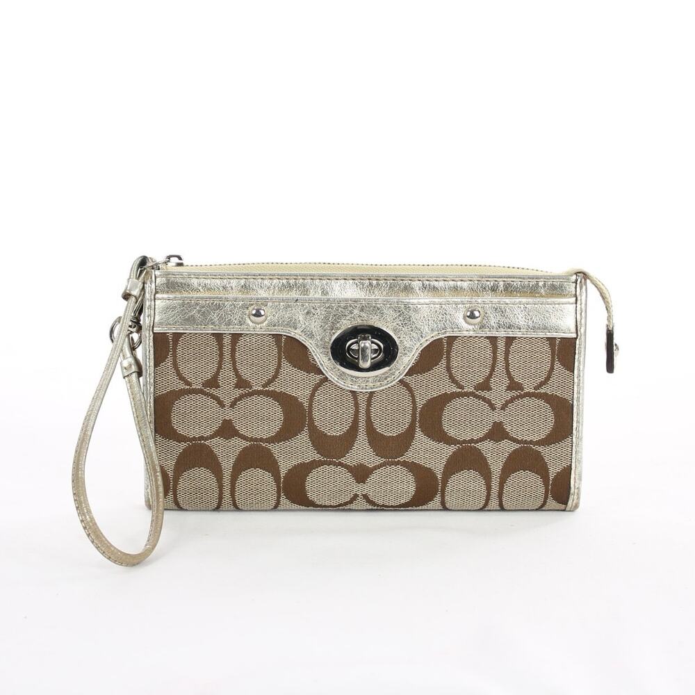 Coach Signature Canvas Turnlock Wristlet Wallet Khaki Brown Leather Trim Y2K